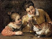 Annibale Carracci Two Children Teasing a Cat oil painting reproduction